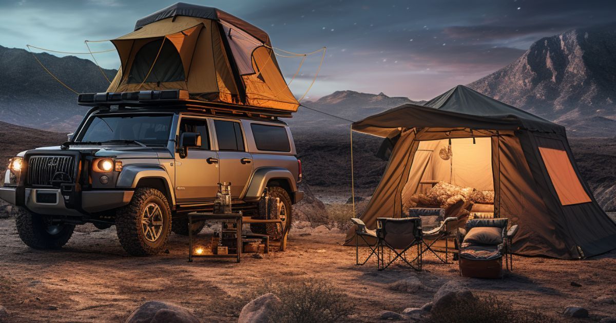 illustration of rooftop tent and ground tent