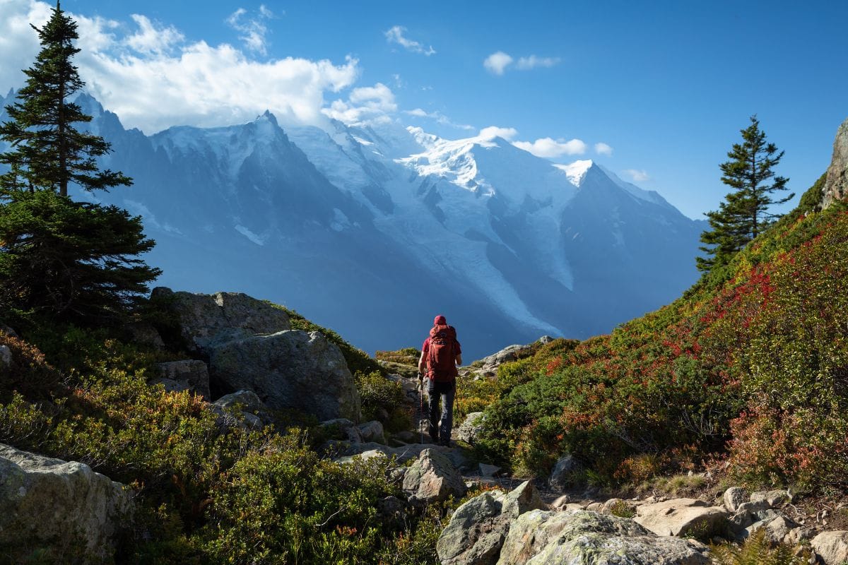 man hiking in mountains